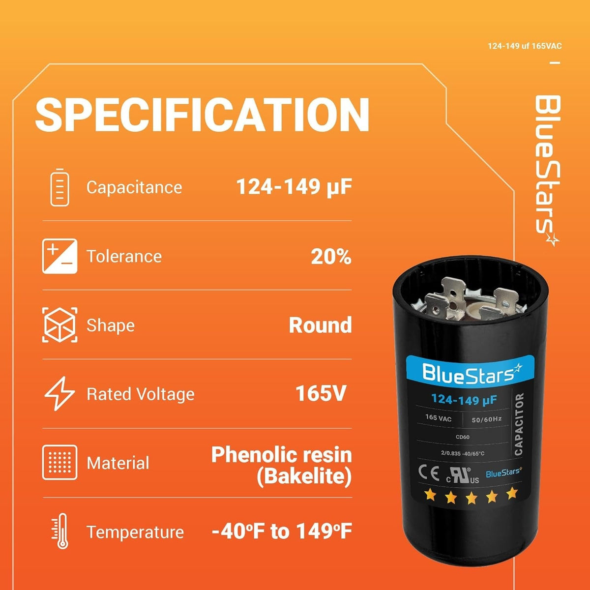 Specification chart for 124-149 uF 165 VAC round start capacitor with technical details and product image.