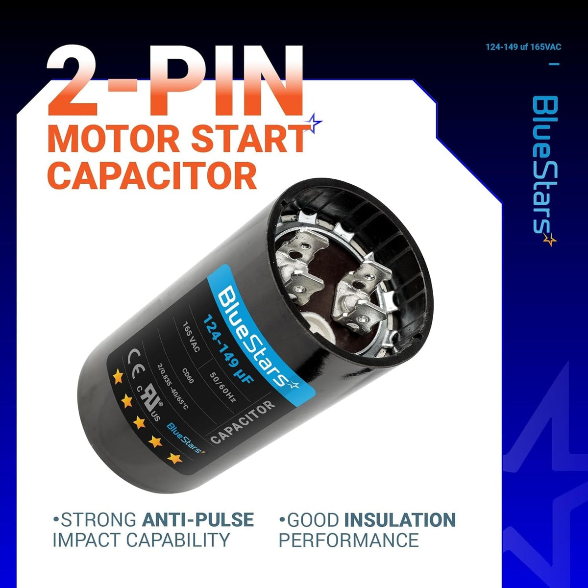 BlueStars 124-149 uF 165 VAC 2-pin round motor start capacitor with label details.
