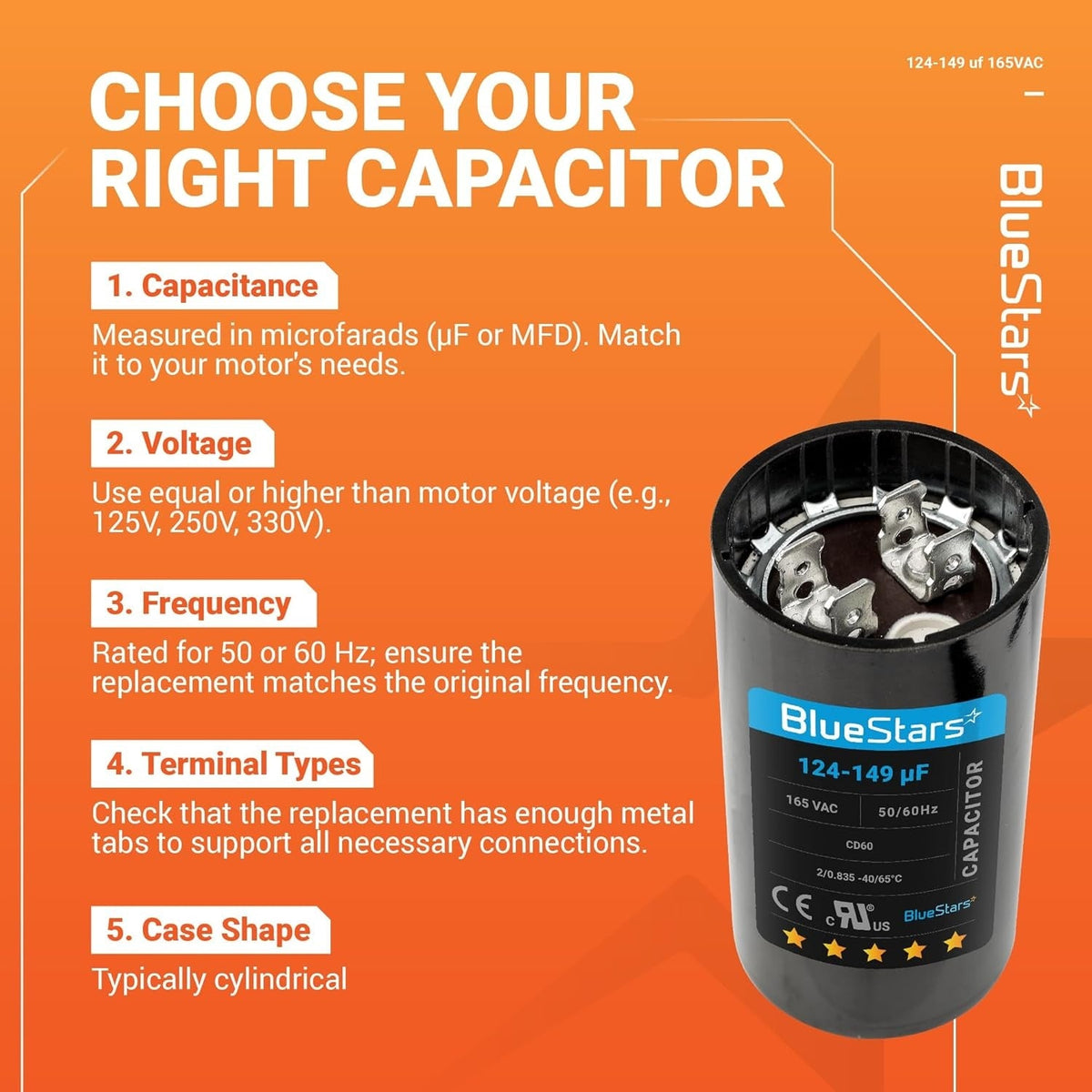 Infographic showing 124-149 uF 165 VAC round start capacitor specifications and selection guide.
