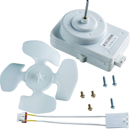 W10124096 refrigerator condenser fan motor kit with fan blade, wiring harness, and mounting screws.