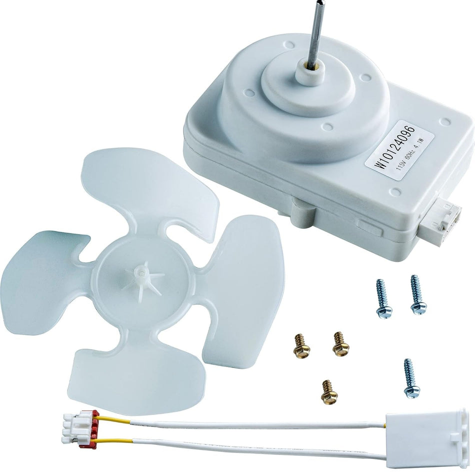 W10124096 refrigerator condenser fan motor kit with fan blade, wiring harness, and mounting screws.