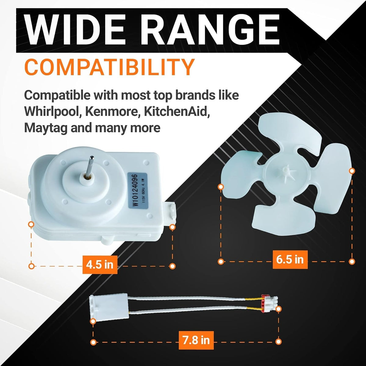 W10124096 refrigerator condenser fan motor kit components with dimensions shown for compatibility reference.