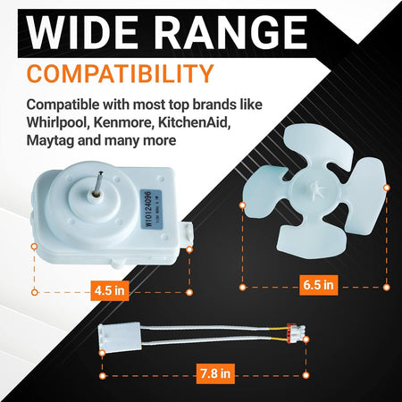 W10124096 refrigerator condenser fan motor kit components with dimensions shown for compatibility reference.