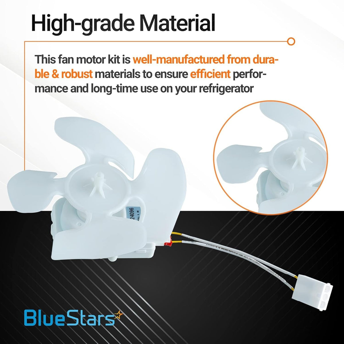 W10124096 refrigerator condenser fan motor with white plastic blades and wiring harness, showing material quality.