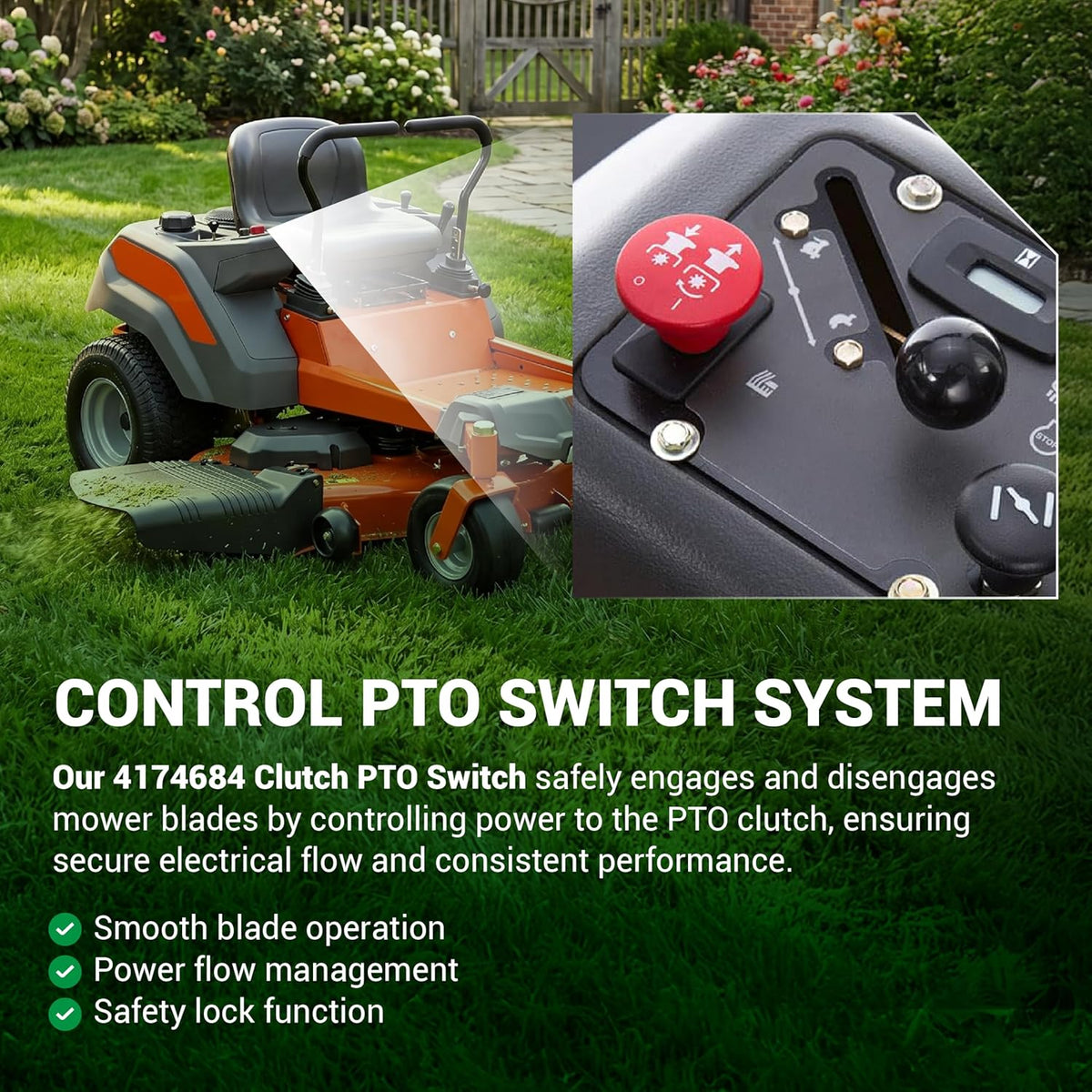 Red PTO clutch switch 4174684 installed on a lawn mower control panel.