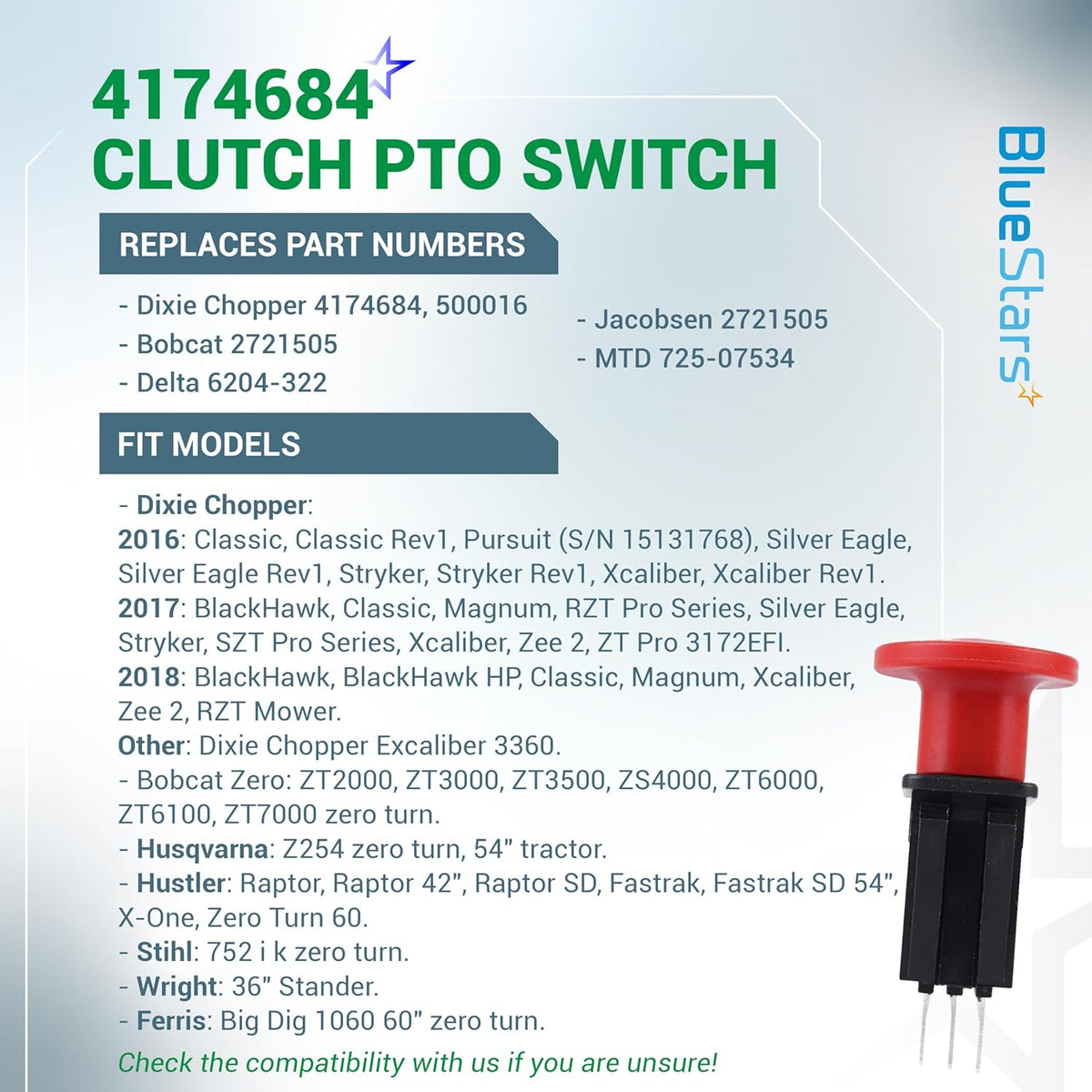 8-terminal 10-amp clutch PTO switch for Dixie Chopper and other lawn mowers with compatibility information chart.