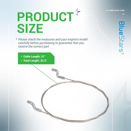 115-5682 clutch cable size chart showing 31-inch cable length and 32.5-inch total length.