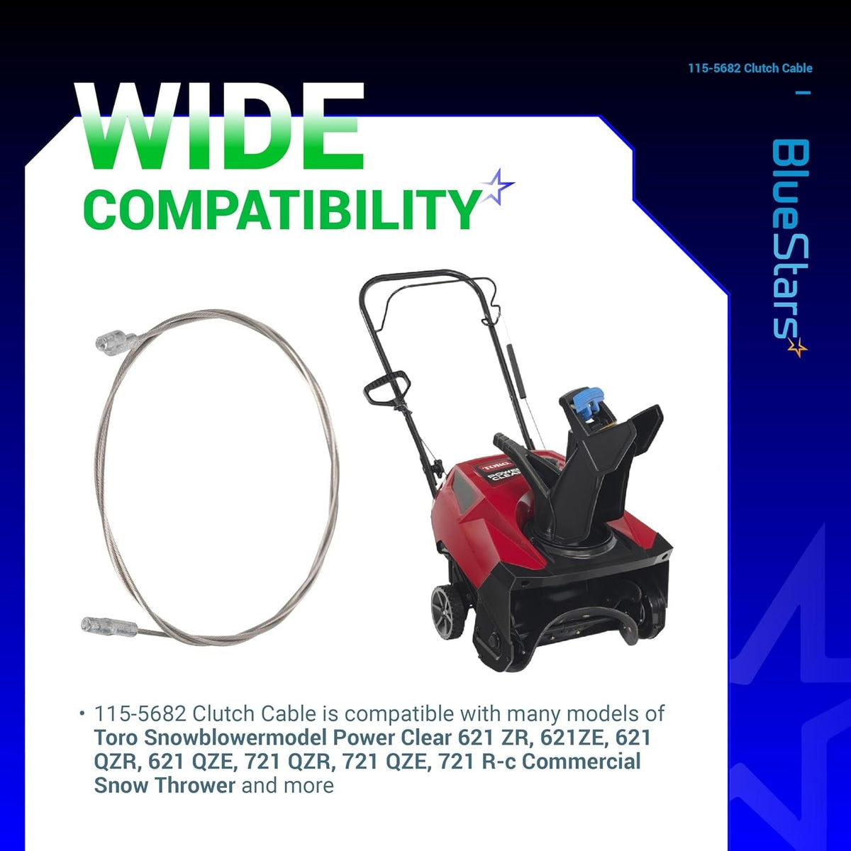 115-5682 clutch cable for Toro Power Clear snowblower models shown with compatibility list.