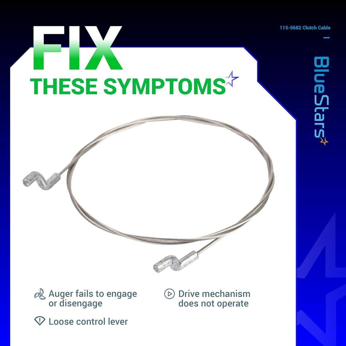 Replacement 115-5682 clutch cable with Z-bend ends for snowblower drive and auger control systems.