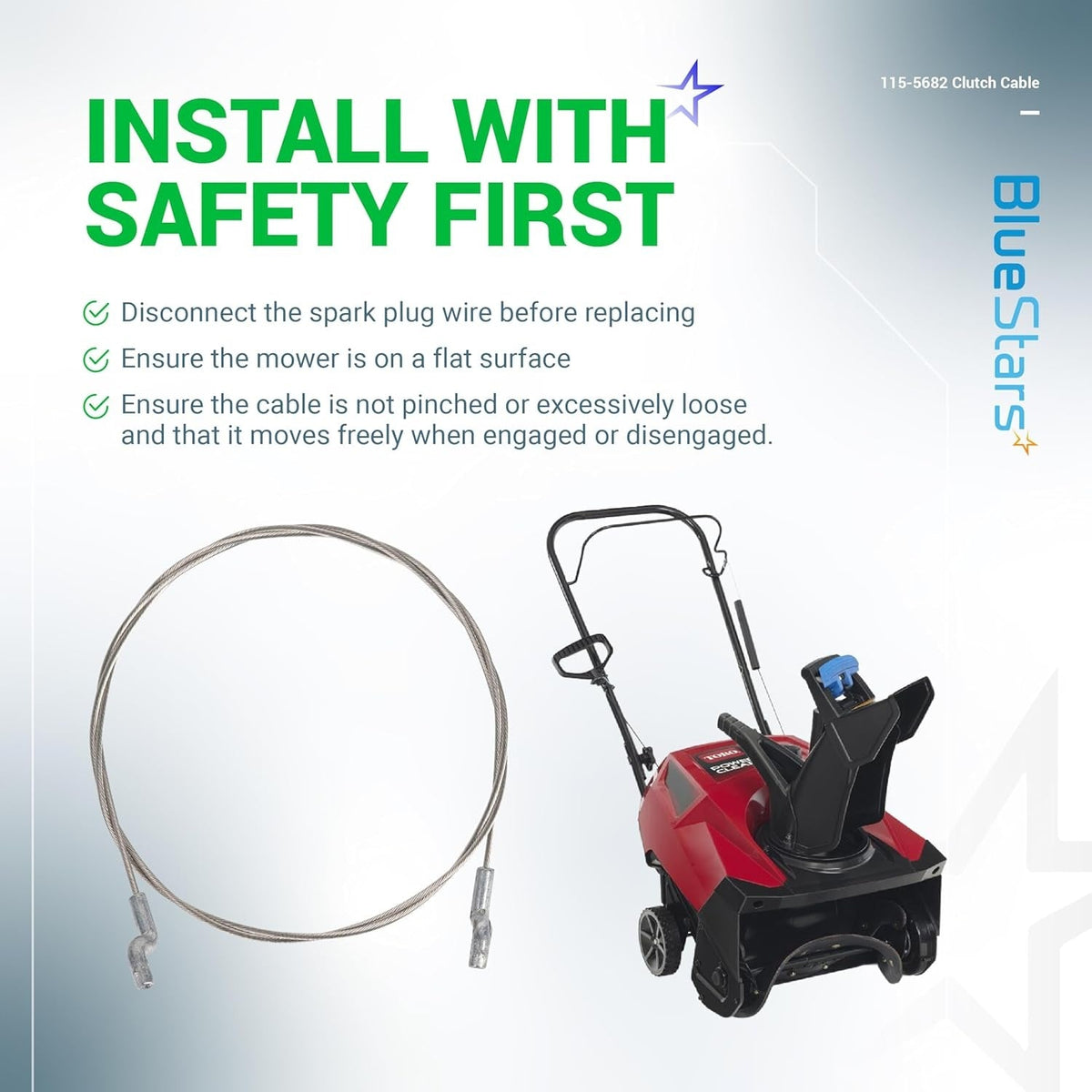 115-5682 clutch cable replacement part shown with installation safety instructions and compatible snow blower.