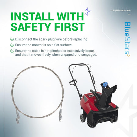 115-5682 clutch cable replacement part shown with installation safety instructions and compatible snow blower.