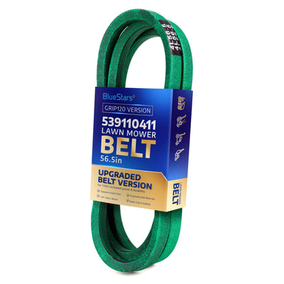 539110411 green hydro pump drive belt for lawn mowers, 56.5-inch length, in BlueStars branded packaging.