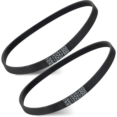 WE12X27300 washer drive belt 2-pack, showing two black ribbed belts in a plain product photo