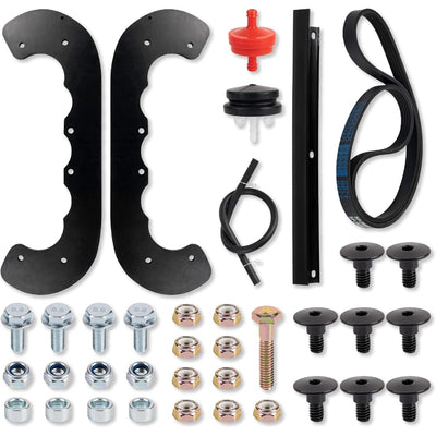 Snowblower maintenance kit with rubber paddles, scraper blade, drive belt, fuel filter, and assorted hardware fasteners.