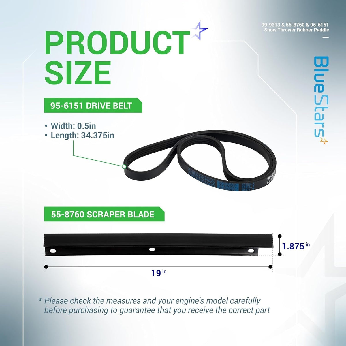 Size chart showing 95-6151 drive belt dimensions and 55-8760 snow thrower scraper blade measurements.