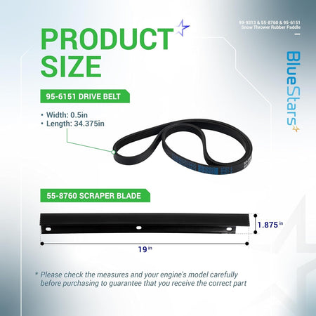 Size chart showing 95-6151 drive belt dimensions and 55-8760 snow thrower scraper blade measurements.