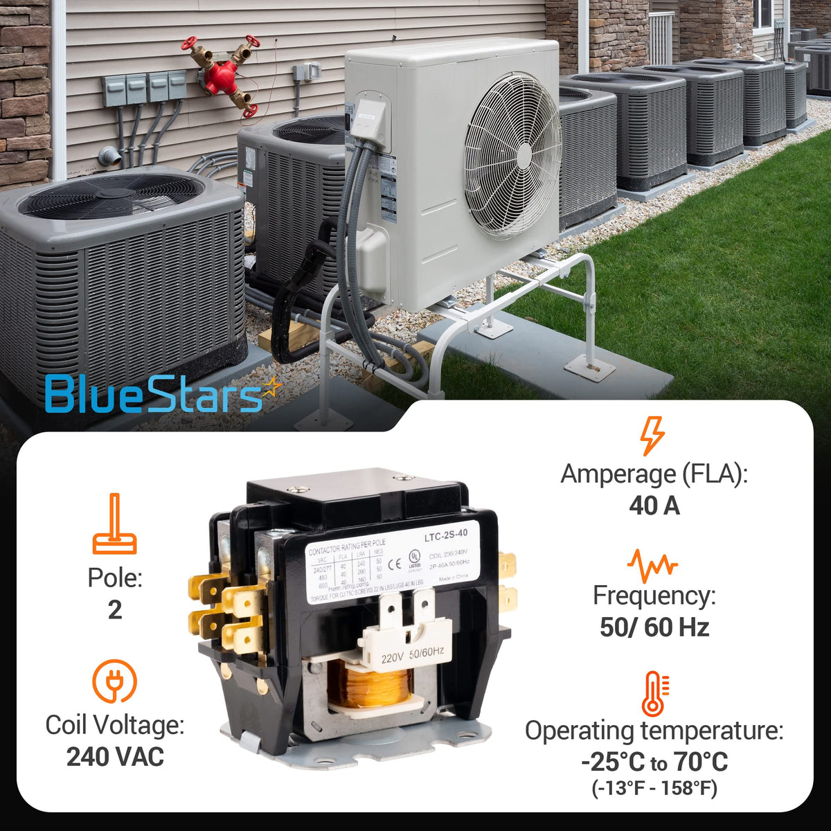 2 pole 40 amp contactor with 240 VAC coil for air conditioning and heat pump systems.