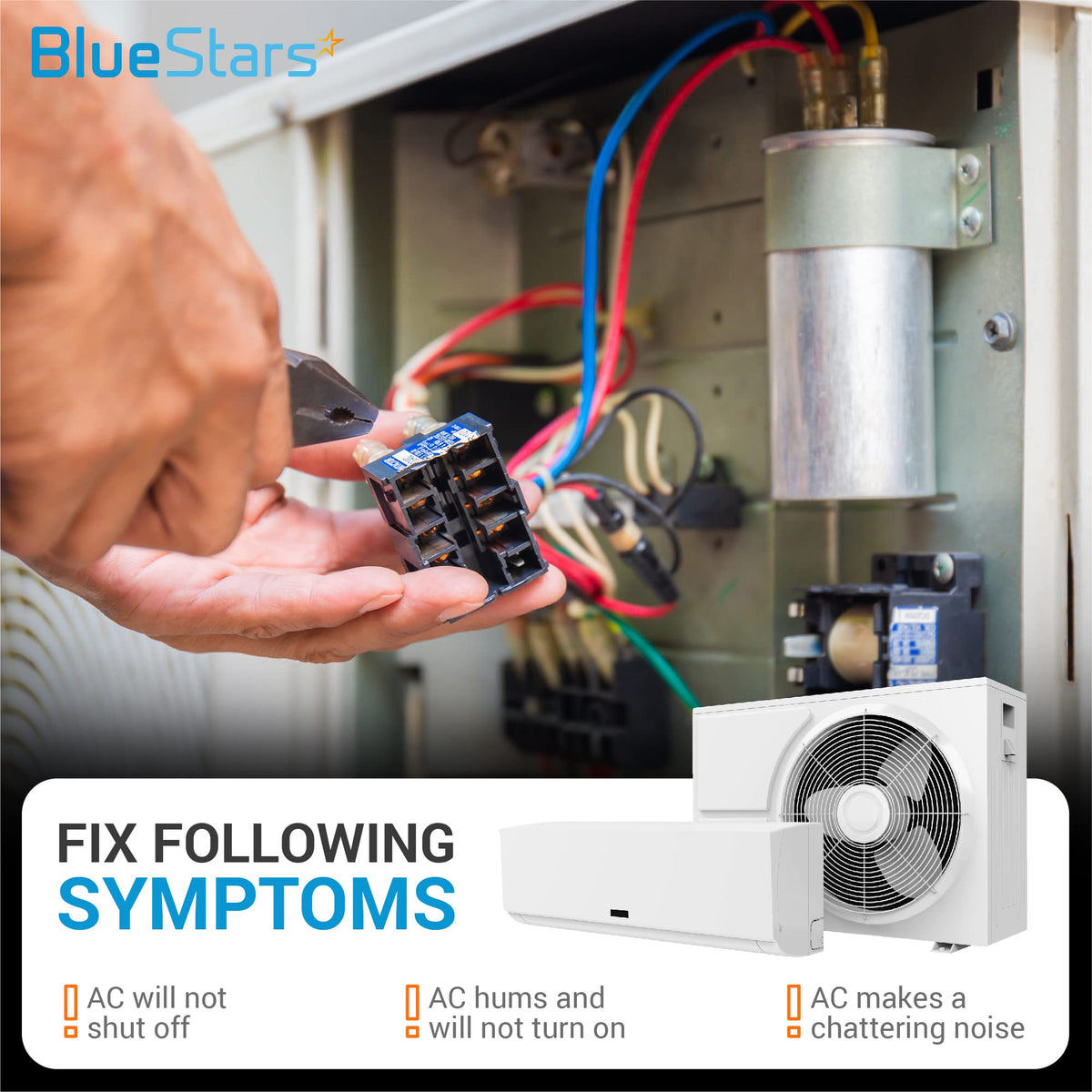 Technician replacing a 40 Amp 2 pole contactor in an air conditioning unit to fix common AC system symptoms.