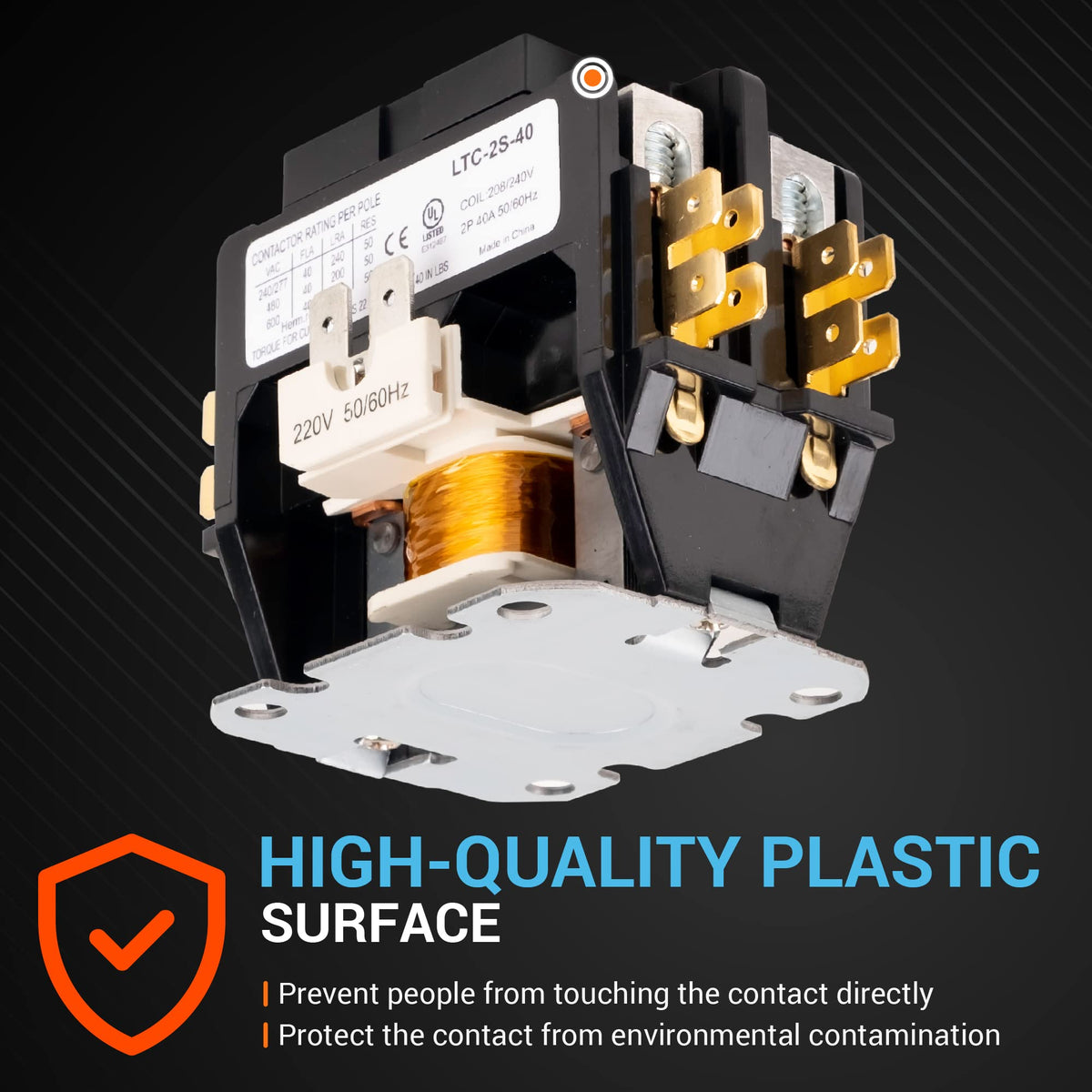 Close-up of a 2-pole 40 Amp contactor with 240 VAC coil showing the protective plastic housing and terminal connectors.
