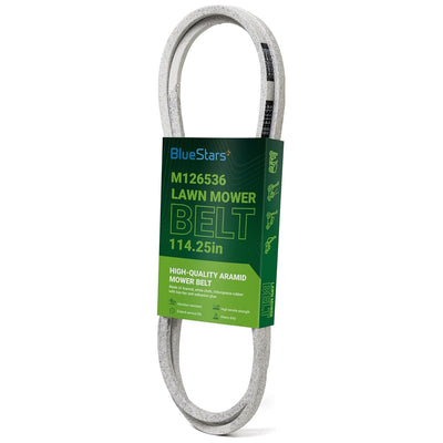 M126536 mower deck belt in BlueStars branded packaging for John Deere lawn mowers.