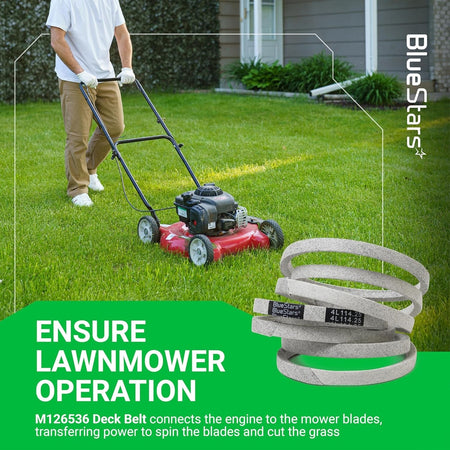M126536 mower deck belt coiled for John Deere lawn mowers, shown with a person mowing grass.
