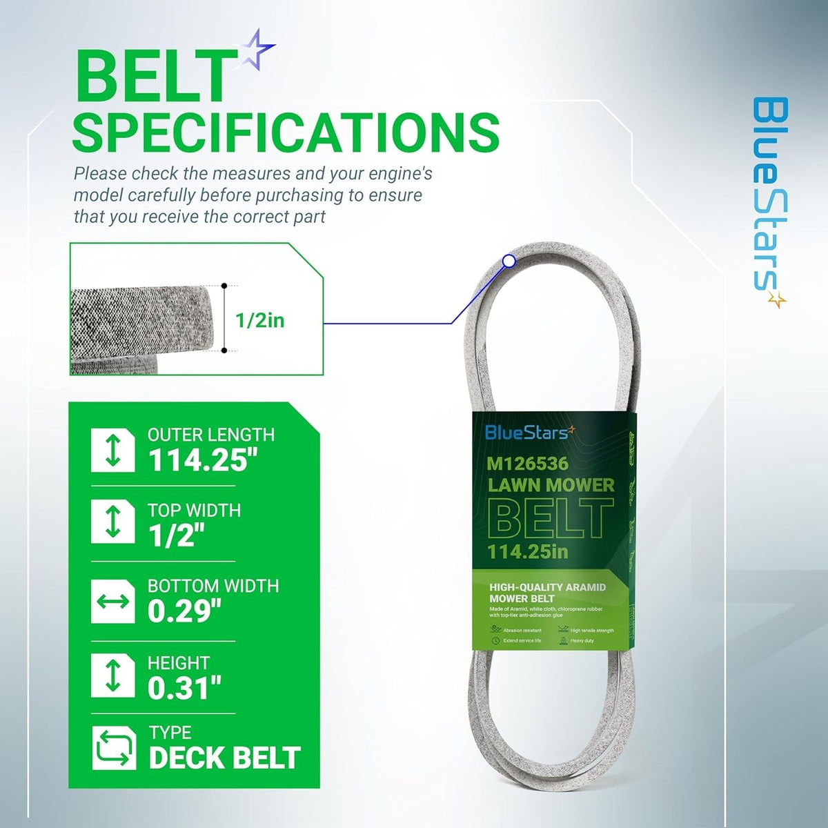 Infographic showing M126536 mower deck belt specifications including 114.25-inch length and 1/2-inch width dimensions.