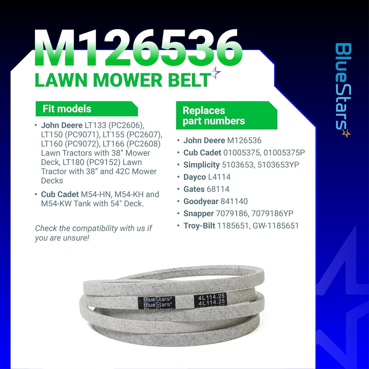 M126536 mower deck belt information graphic showing compatibility for John Deere LT series lawn tractors.