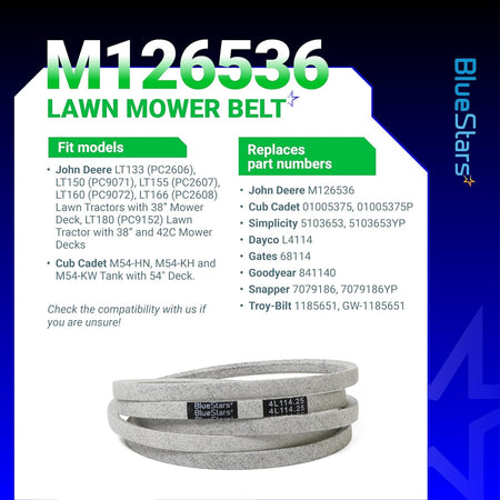 M126536 mower deck belt information graphic showing compatibility for John Deere LT series lawn tractors.