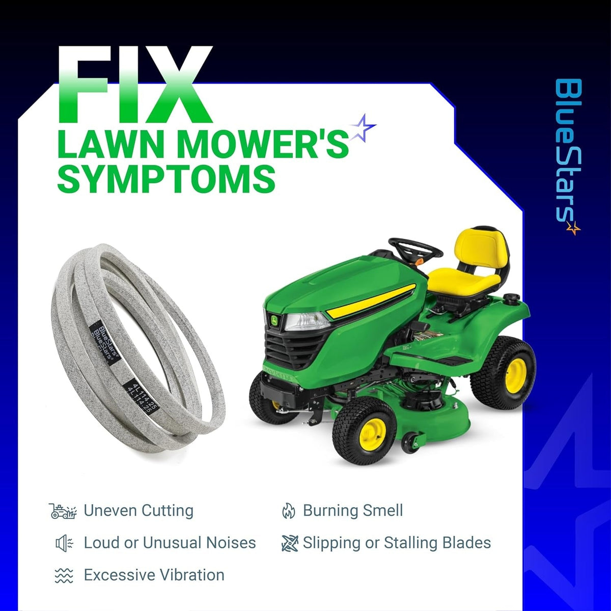M126536 mower deck belt for John Deere lawn mowers with symptoms of wear and performance issues.