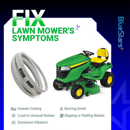 M126536 mower deck belt for John Deere lawn mowers with symptoms of wear and performance issues.