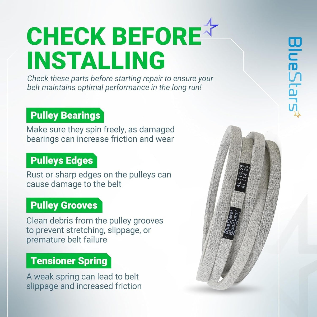 M126536 mower deck belt installation guide showing maintenance tips for pulleys and tensioners.