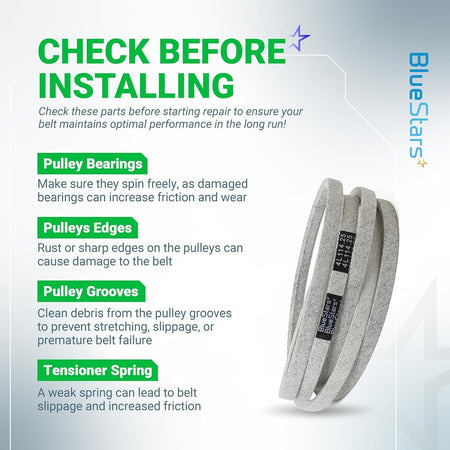 M126536 mower deck belt installation guide showing maintenance tips for pulleys and tensioners.