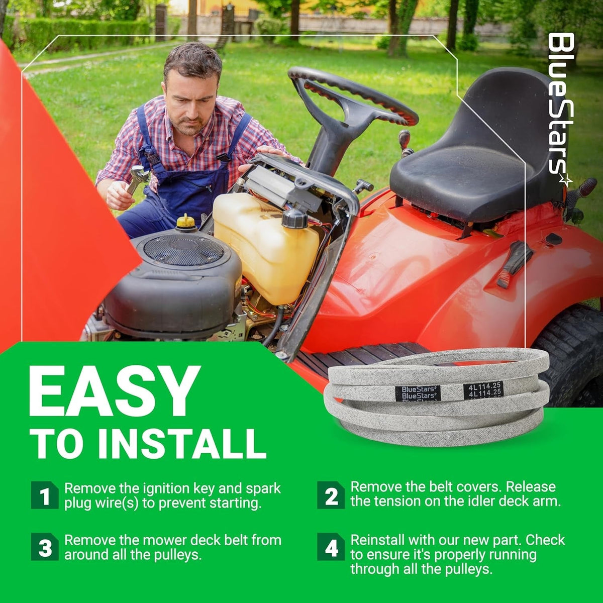 M126536 mower deck belt installation guide showing a mechanic working on a John Deere lawn mower.