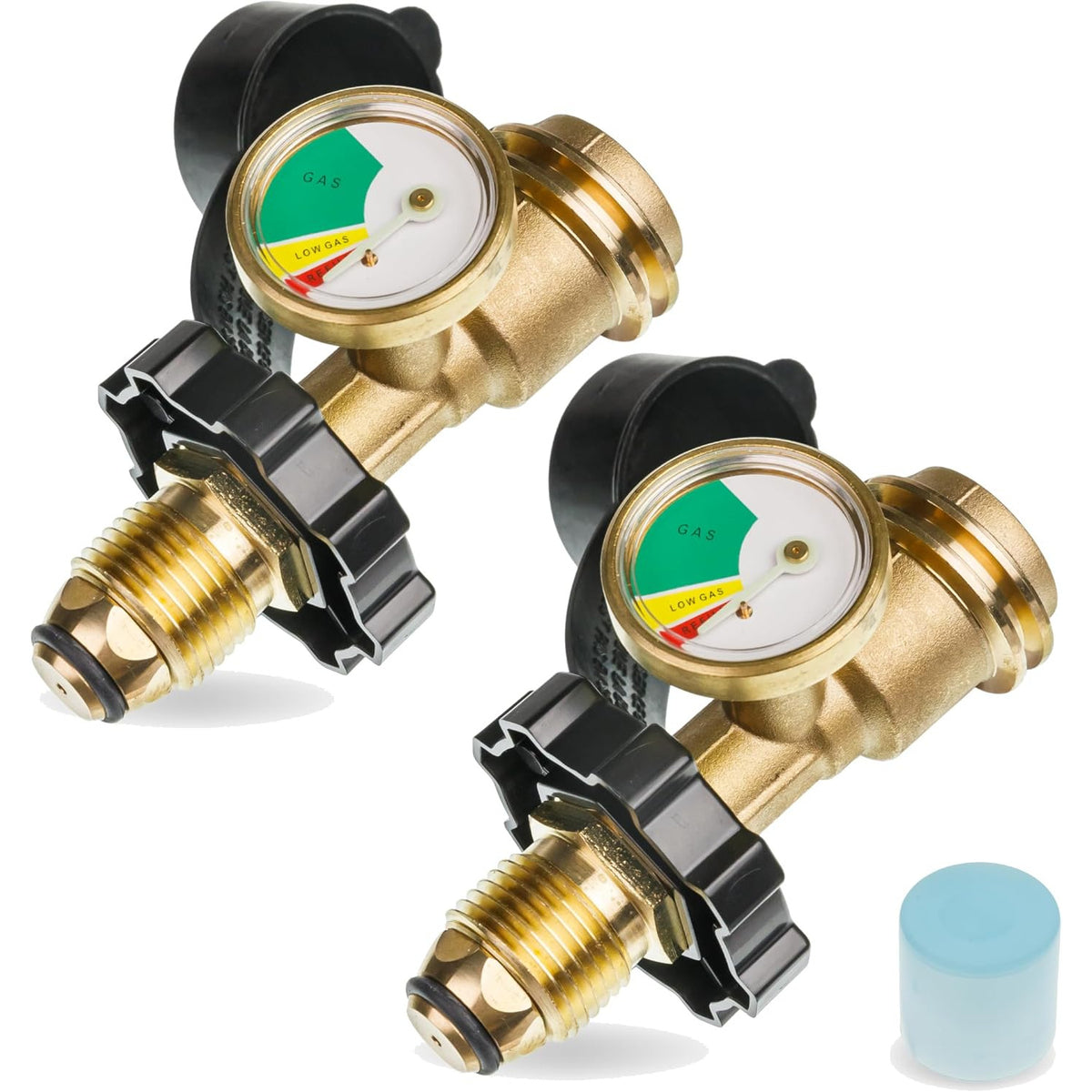 100 lb Propane Tank Adapter POL Propane Gauge, two brass adapters with black knobs and blue protective cap