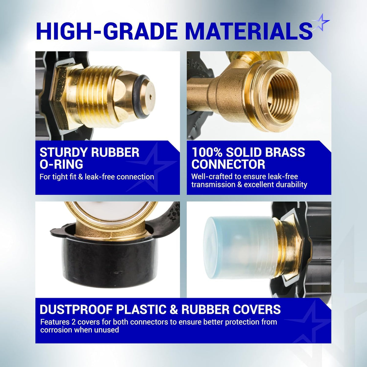 100 lb Propane Tank Adapter POL Propane Gauge, high-grade materials graphic showing brass connectors, rubber O-ring and prote