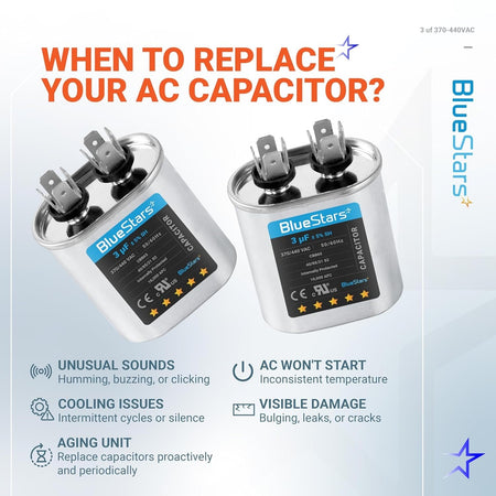 Infographic showing two 3 uF 370/440 VAC CBB65 run start capacitors and signs indicating when to replace an AC capacitor.