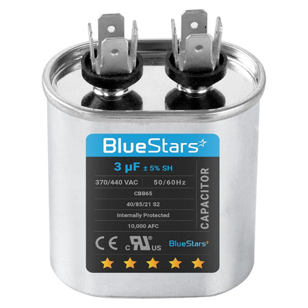 3 uF 370/440 VAC CBB65 oval run start capacitor for air conditioner and condenser fan motors.