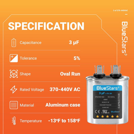 Infographic showing technical specifications for a 3 uF 370/440 VAC CBB65 oval run start capacitor.