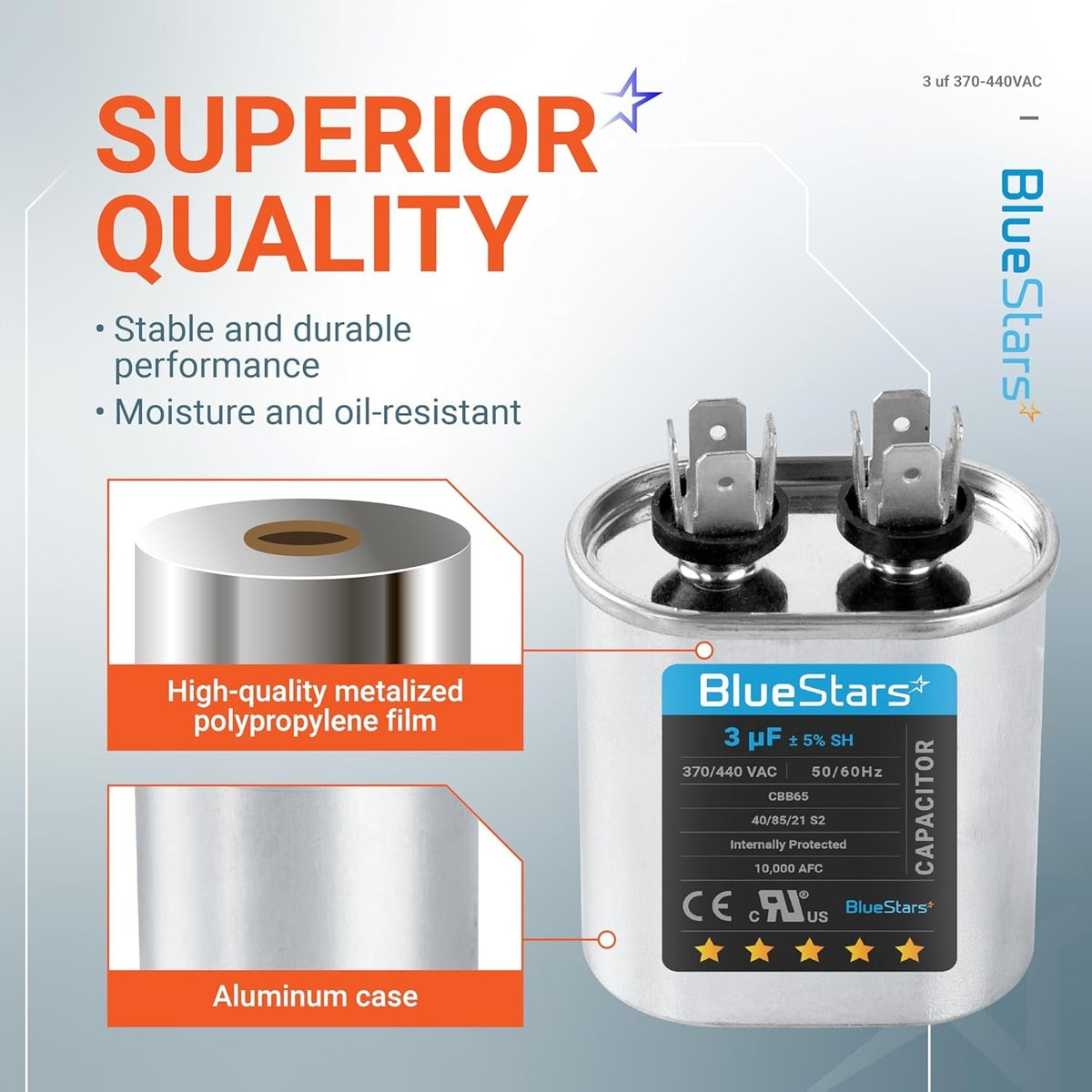 BlueStars 3 uF 370/440 VAC oval run capacitor showing metalized film and aluminum case construction details.