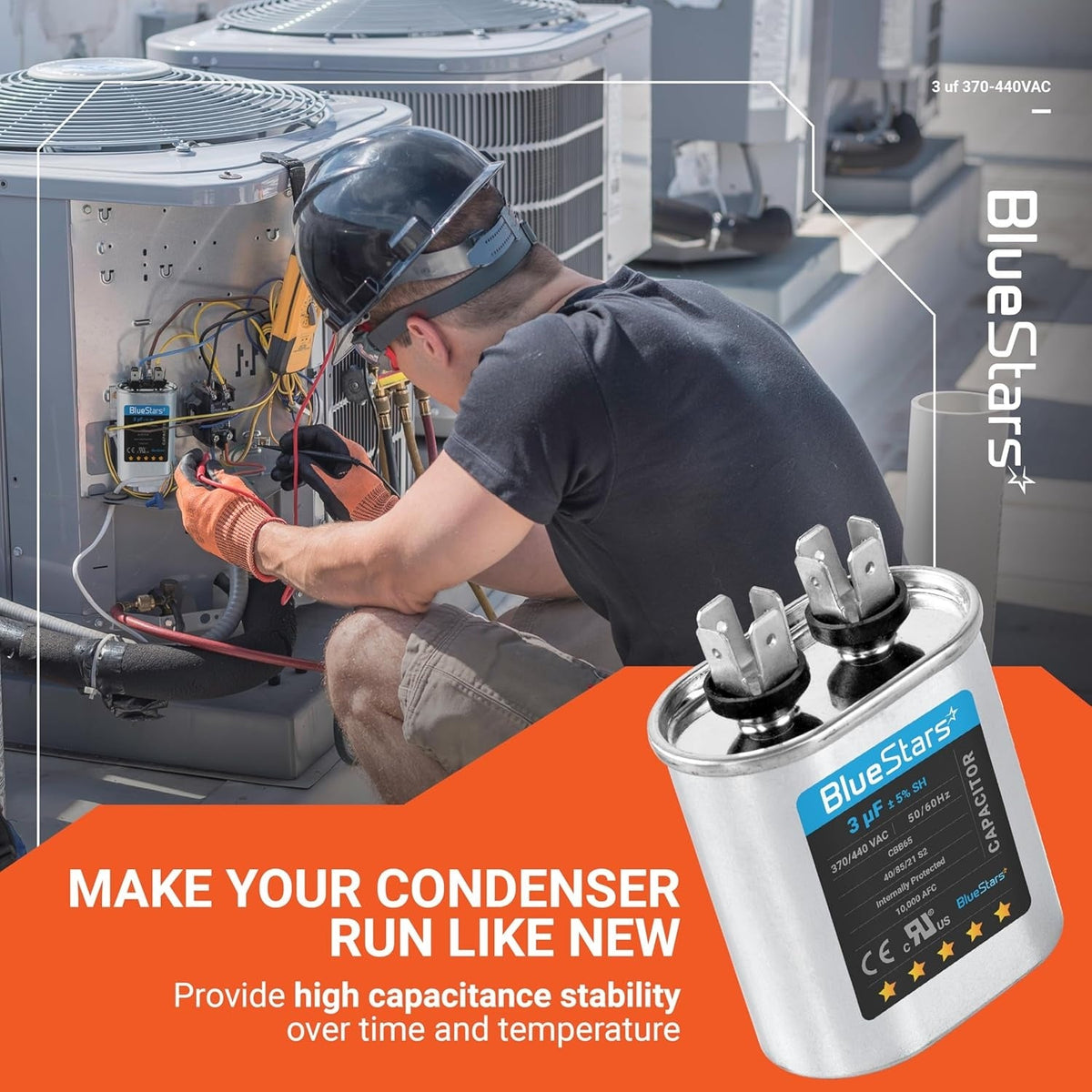 BlueStars 3 uF 370/440 VAC oval run start capacitor for air conditioner and condenser fan motor repair.