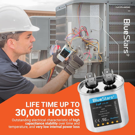 Technician installing a 3 uF 370/440 VAC CBB65 run start capacitor into an air conditioner unit.