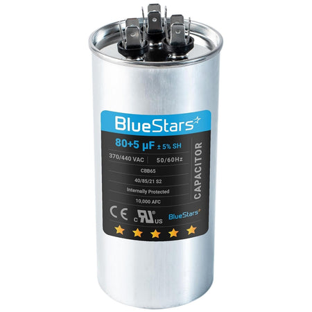 80+5 uF 370/440 VAC dual run round capacitor for HVAC condenser and heat pump systems.