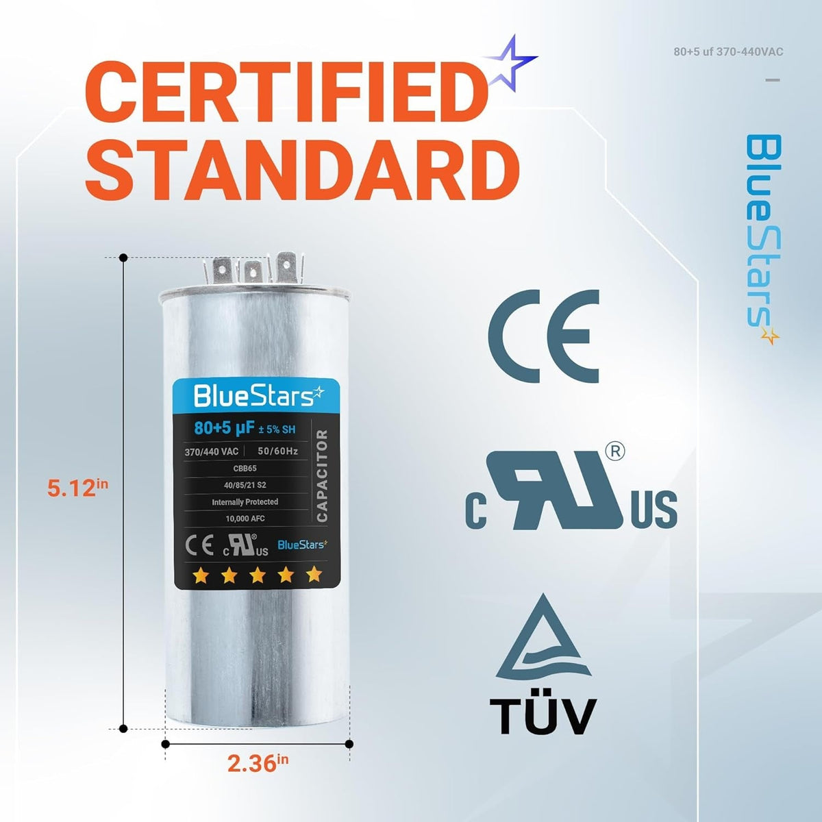 80+5 uF dual run round capacitor with 5.12-inch height and 2.36-inch diameter dimensions.