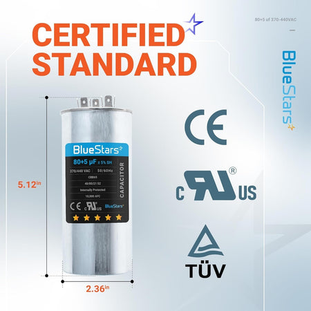 80+5 uF dual run round capacitor with 5.12-inch height and 2.36-inch diameter dimensions.