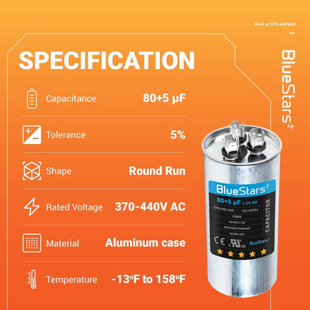 Specification chart for 80+5 uF 370/440 VAC dual run round capacitor with technical details and product image.