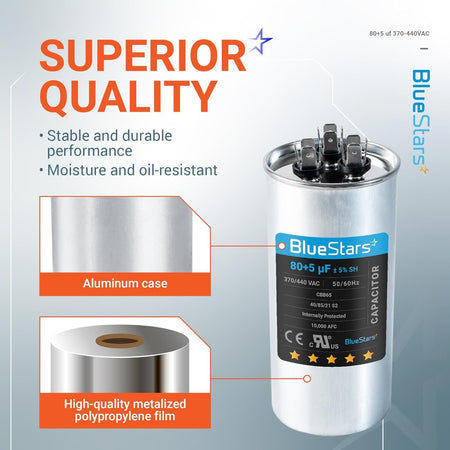 80+5 uF dual run round capacitor with aluminum case and metalized polypropylene film construction.