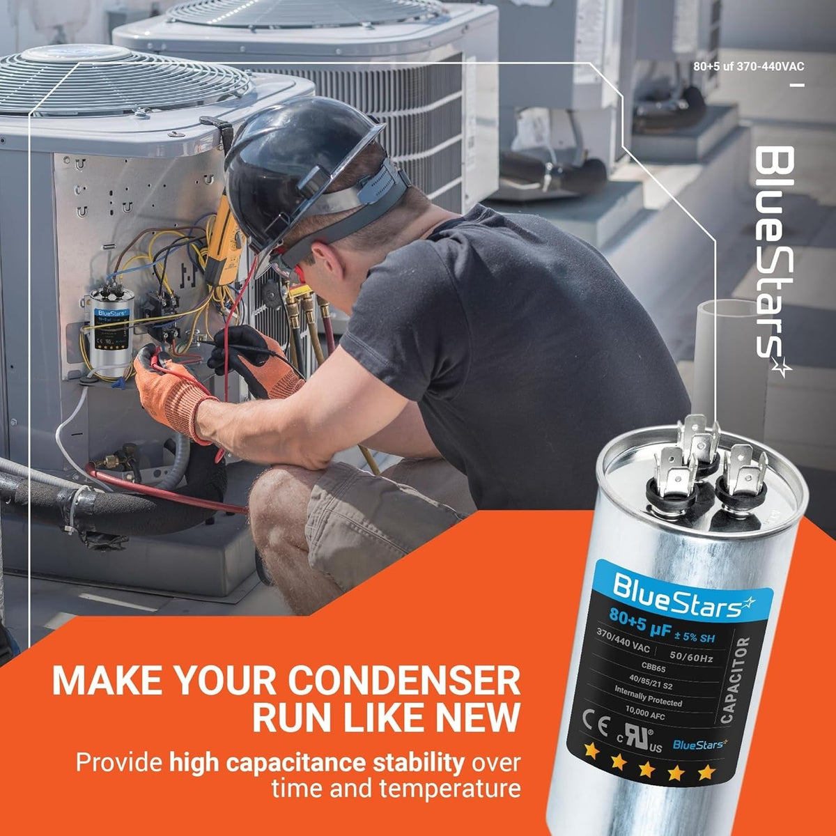 80+5 uF 370/440 VAC dual run round capacitor for condenser and heat pump units.
