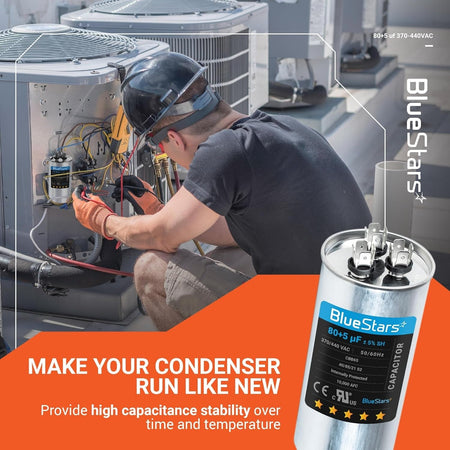 80+5 uF 370/440 VAC dual run round capacitor for condenser and heat pump units.