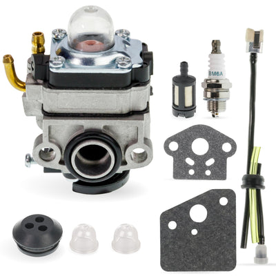 309375002 carburetor kit for Ryobi and Homelite 30cc 4-cycle engines including carburetor, spark plug, and fuel lines.