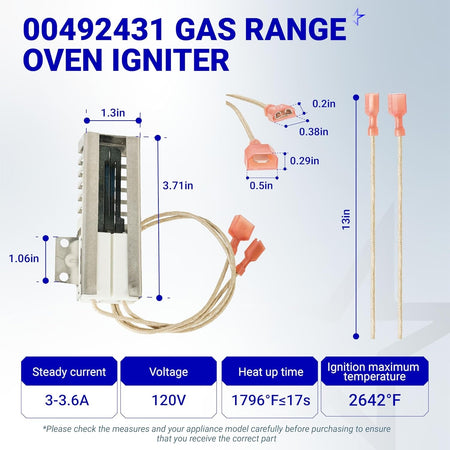 Technical diagram showing dimensions and specifications for 00492431 gas range oven igniter compatible with Bosch Thermador.
